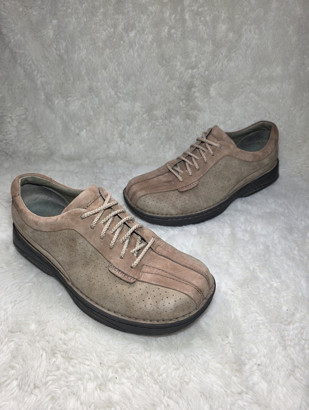 Vintage Y2K Merrell World Myth Leather Map Sole Oxfords US 8 Mens Taupe Retro